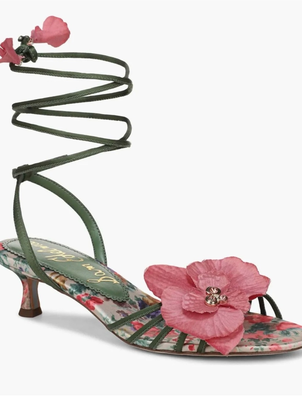 Sam Edelman Green Lace-Up Sandal with Pink Floral Accent